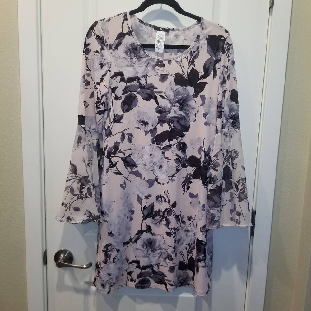 JBS Lt Mauve Pink Black/Gray Rose Floral Stretch Shift Dress M